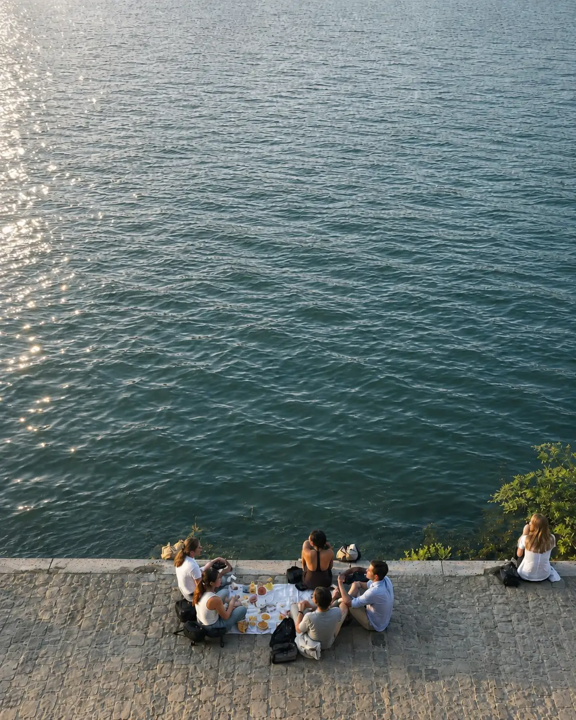 Friends sharing a picnic on a waterfront ledge