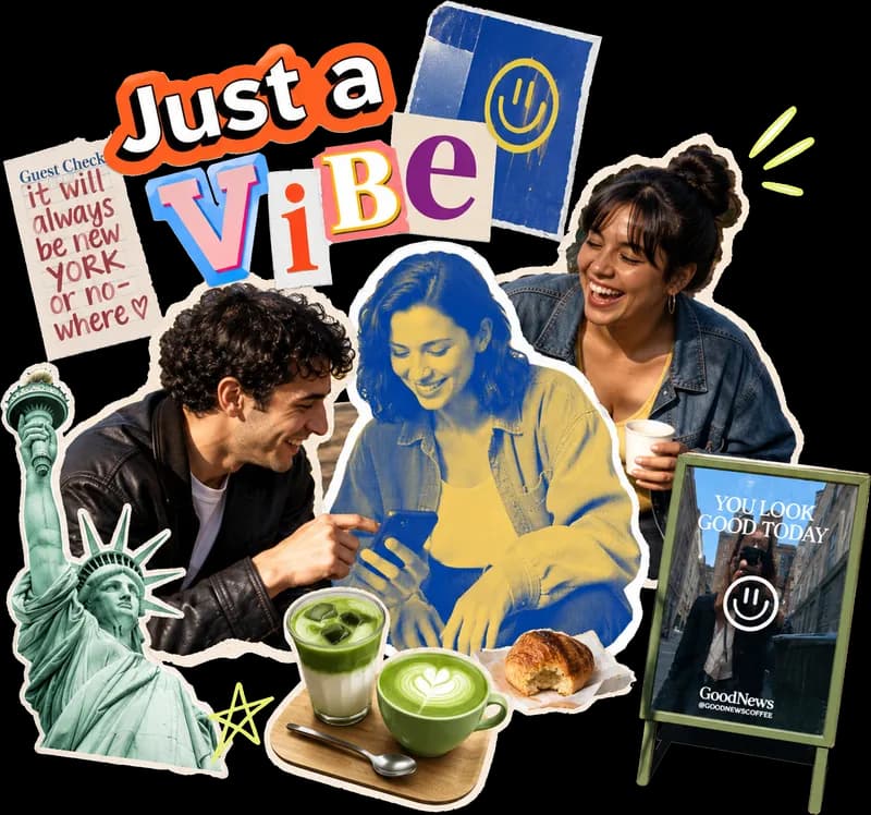 Collage of friends sharing matcha over a phone, captioned Just a Vibe