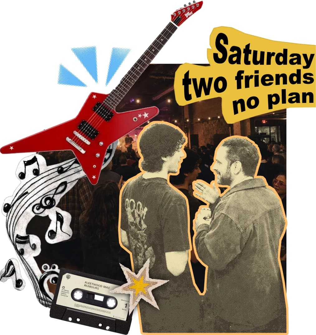 Collage of two friends at a Saturday pop-up show with a guitar and mixtape