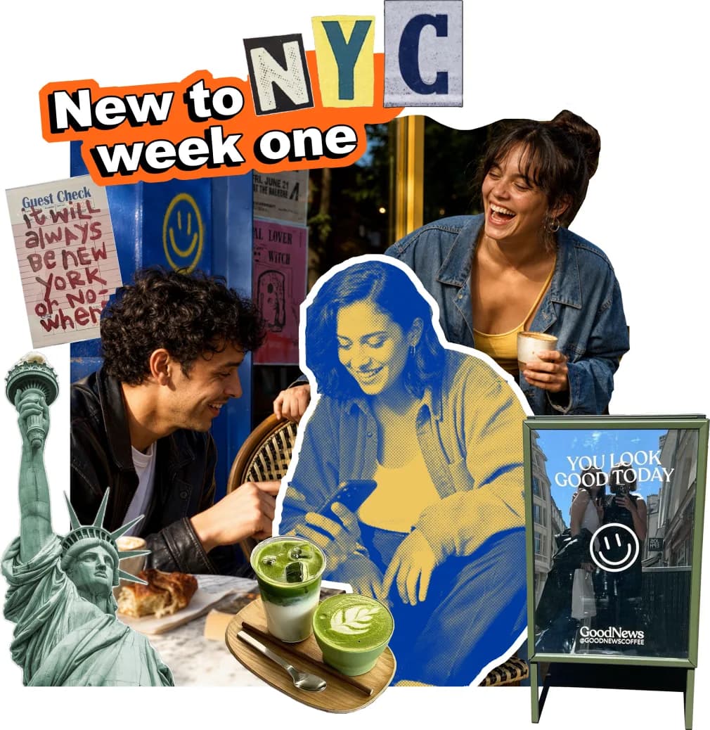 Collage of a newcomer's first weeks in New York City with new friends